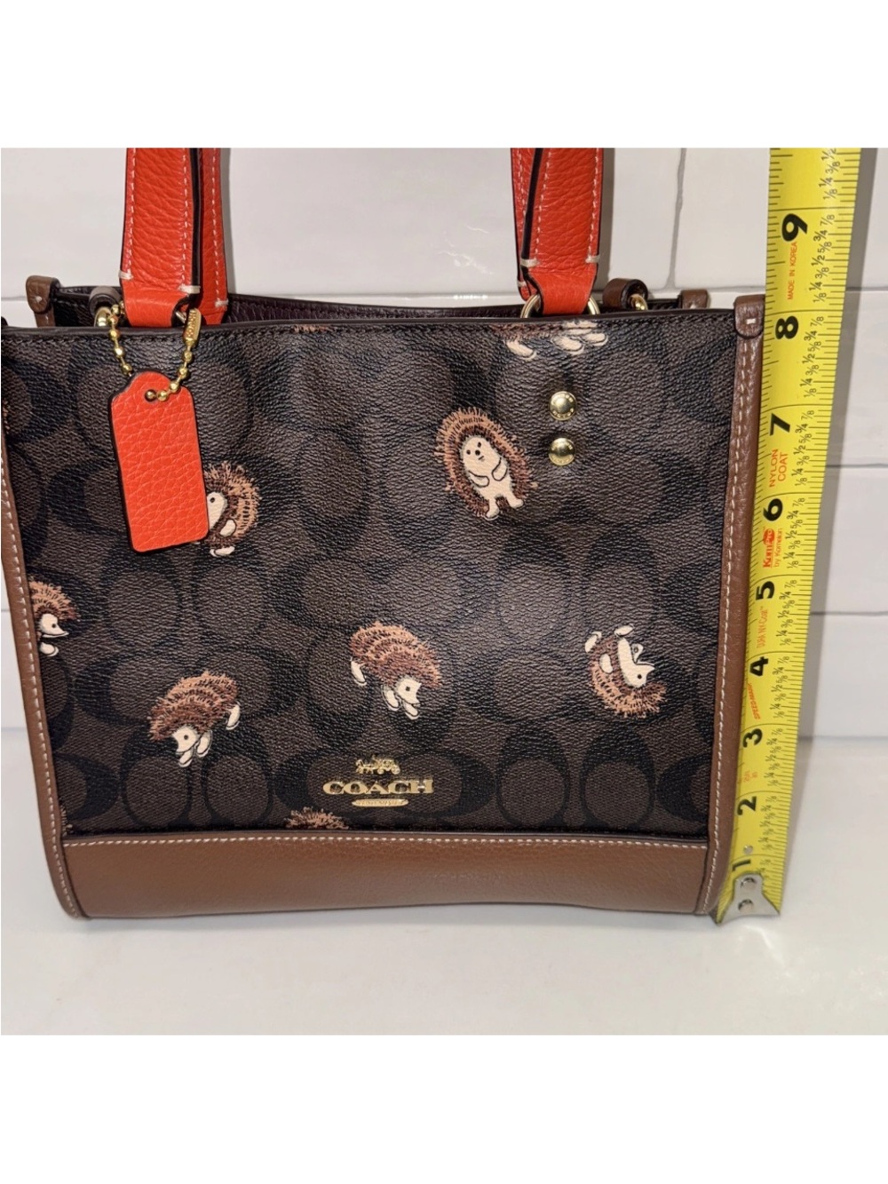 Coach Brown Signature Satchel with Orange Handles and Hedgehog Print - Picture 9 of 10